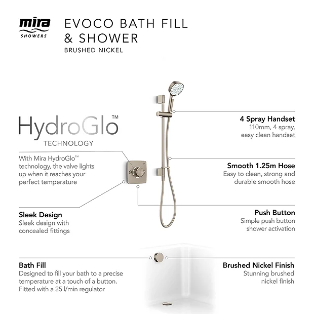 Mira Evoco Dual Outlet Brushed Nickel Thermostatic Mixer Shower With Bathfill 3 Mira Evoco Dual Outlet Brushed Nickel Thermostatic Mixer Shower With Bathfill