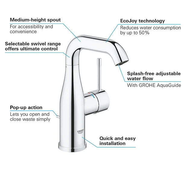 Grohe Essence M-Size Mono Basin Mixer With Pop-up Waste - Chrome 5 Grohe Essence M-Size Mono Basin Mixer With Pop-up Waste - Chrome - Image 3