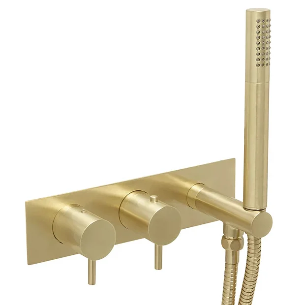 JTP Vos Brushed Brass Twin Outlet Thermostatic Shower Valve With Handset 3 JTP Vos Brushed Brass Twin Outlet Thermostatic Shower Valve With Handset