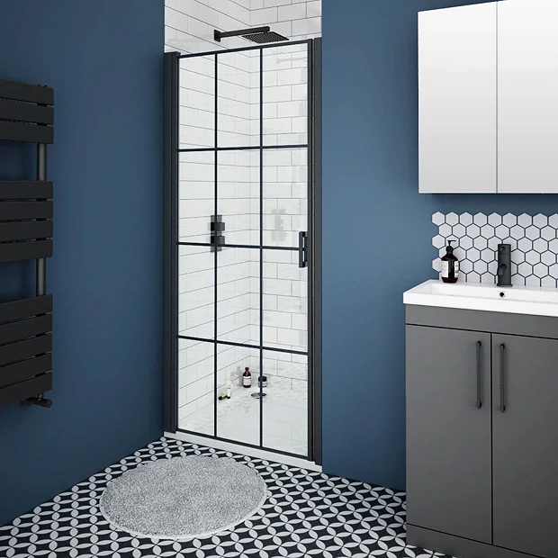 Arezzo 800mm Matt Black Grid Frameless Pivot Shower Door + Tray For Recess 4 Arezzo 800mm Matt Black Grid Frameless Pivot Shower Door + Tray For Recess - Image 2