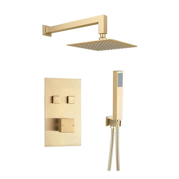 Arezzo Square Brushed Brass Push-Button Shower With Handset + 200mm Rainfall Shower Head 4 Arezzo Square Brushed Brass Push-Button Shower With Handset + 200mm Rainfall Shower Head - Image 2