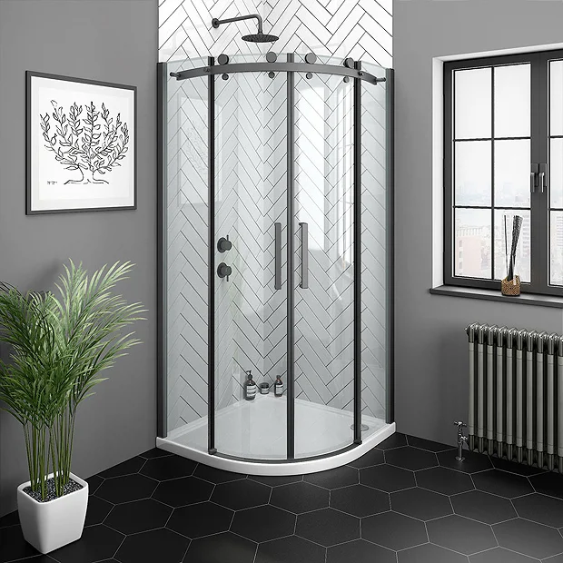 Arezzo Matt Black 900 X 900mm Frameless Quadrant Shower Enclosure 4 Arezzo Matt Black 900 X 900mm Frameless Quadrant Shower Enclosure - Image 2