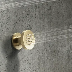Arezzo Brushed Brass Round Concealed Triple Shower Valve With Fixed Head + 4 Body Jets -Home Bathroom azrdtsv4bjbbd1