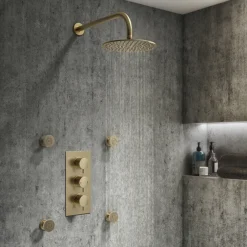 Arezzo Brushed Brass Round Concealed Triple Shower Valve With Fixed Head + 4 Body Jets -Home Bathroom azrdtsv4bjbbl