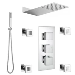 Modern Square Triple Valve With Diverter, Thin Fixed Shower Head, 4 Body Jets + Handset -Home Bathroom sqsp1 d1