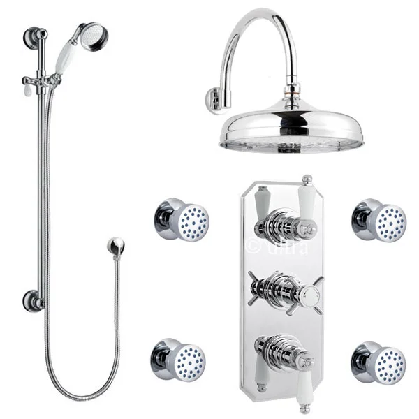 Traditional Triple Concealed Valve With Diverter, 12" Shower Head, Curved Arm, 4 Body Jets & Slider 4 Traditional Triple Concealed Valve With Diverter, 12" Shower Head, Curved Arm, 4 Body Jets & Slider - Image 2
